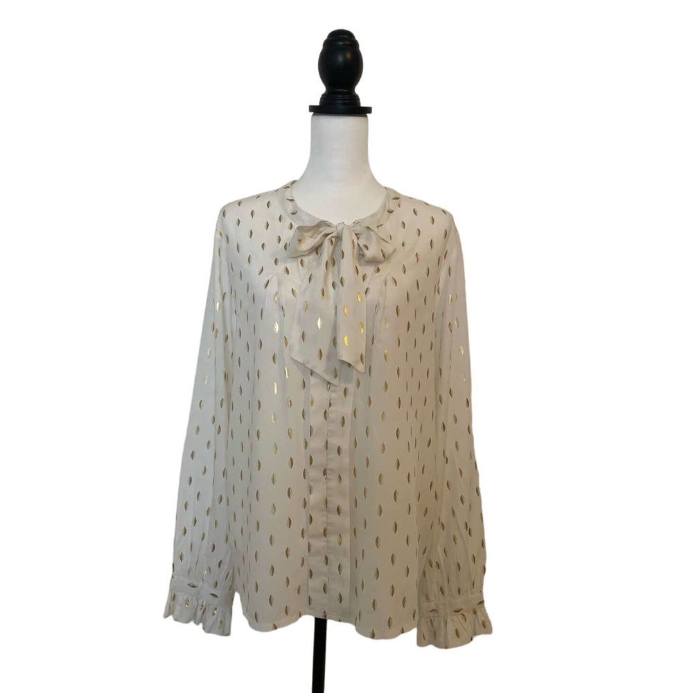 Anthropologie Monarch Womens Cream Gold Leaf Long Sleeve Tie Bow Top Size XL